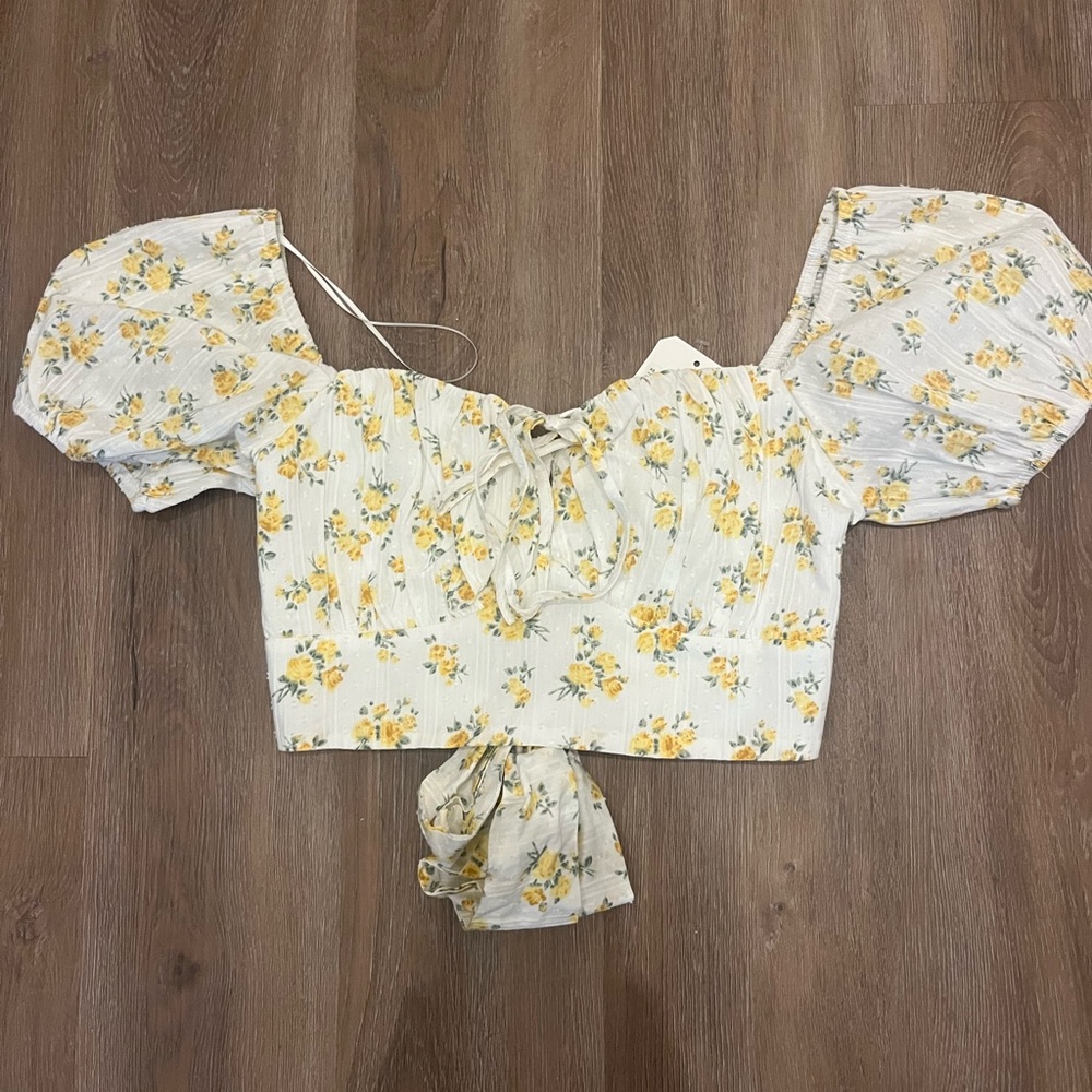 Altar'd State Yellow Floral Puff Sleeve Crop Top